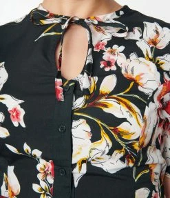 Sale Unique Vintage Dark Green & White Floral Print Cecilia Blouse