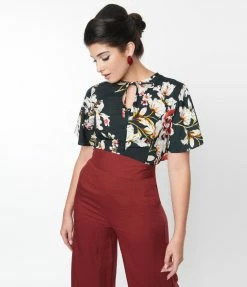 Sale Unique Vintage Dark Green & White Floral Print Cecilia Blouse