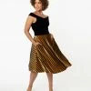 Unique Vintage Mustard & Black Stripe Velvet Vivien Swing Skirt