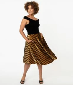 Unique Vintage Mustard & Black Stripe Velvet Vivien Swing Skirt