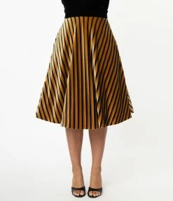 Unique Vintage Mustard & Black Stripe Velvet Vivien Swing Skirt