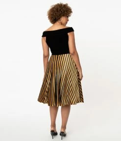 Unique Vintage Mustard & Black Stripe Velvet Vivien Swing Skirt