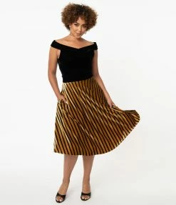 Unique Vintage Mustard & Black Stripe Velvet Vivien Swing Skirt