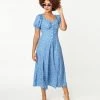 Sale Unique Vintage Blue & Heart Print Wild Hearts Run Free Midi Dress