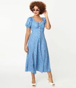 Sale Unique Vintage Blue & Heart Print Wild Hearts Run Free Midi Dress