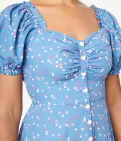 Sale Unique Vintage Blue & Heart Print Wild Hearts Run Free Midi Dress