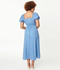 Sale Unique Vintage Blue & Heart Print Wild Hearts Run Free Midi Dress