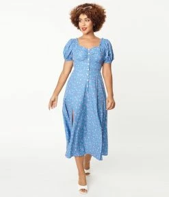 Sale Unique Vintage Blue & Heart Print Wild Hearts Run Free Midi Dress