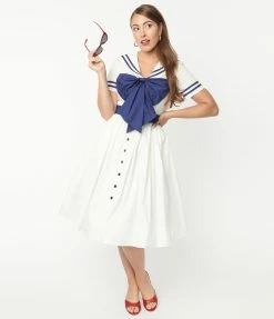 Unique Vintage White & Navy Seas The Day Swing Dress Sale