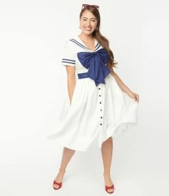 Unique Vintage White & Navy Seas The Day Swing Dress Sale