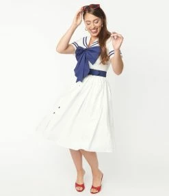 Unique Vintage White & Navy Seas The Day Swing Dress Sale