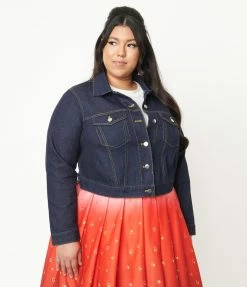 Unique Vintage Plus Size Dark Denim Rhythm & Blue Jean Jacket Sale