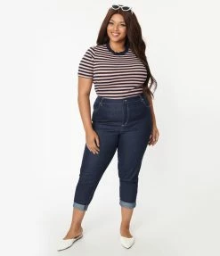 Unique Vintage Plus Size Dark Blue Denim Marilyn Jean Capris Sale