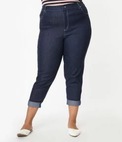 Unique Vintage Plus Size Dark Blue Denim Marilyn Jean Capris Sale