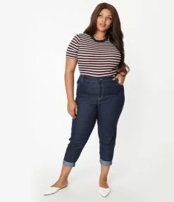 Unique Vintage Plus Size Dark Blue Denim Marilyn Jean Capris Sale