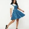 Unique Vintage 1950s Blue Denim & Cats Brionne Pinafore Skirt