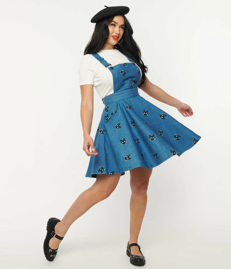 Unique Vintage 1950s Blue Denim & Cats Brionne Pinafore Skirt