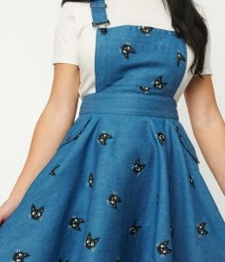 Unique Vintage 1950s Blue Denim & Cats Brionne Pinafore Skirt