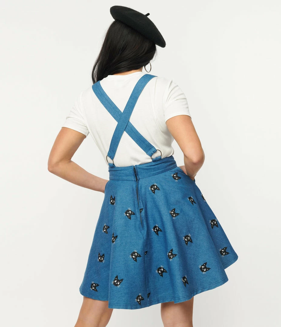 Unique Vintage 1950s Blue Denim & Cats Brionne Pinafore Skirt