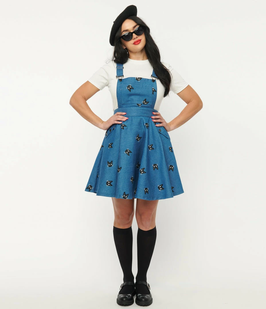 Unique Vintage 1950s Blue Denim & Cats Brionne Pinafore Skirt