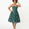 Sale Unique Vintage 1950s Green & Ivory Leaf Print Reed Swing Dress