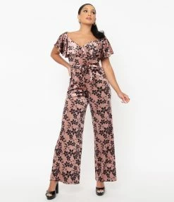 Unique Vintage Mauve Sparkle & Black Floral Velvet Minnelli Jumpsuit