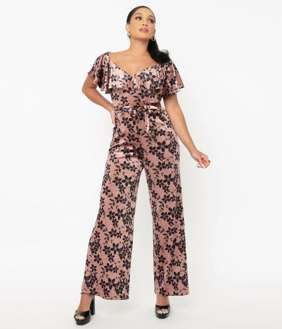 Unique Vintage Mauve Sparkle & Black Floral Velvet Minnelli Jumpsuit