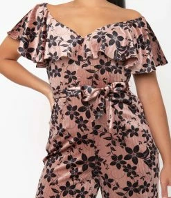 Unique Vintage Mauve Sparkle & Black Floral Velvet Minnelli Jumpsuit