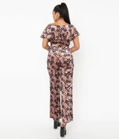 Unique Vintage Mauve Sparkle & Black Floral Velvet Minnelli Jumpsuit