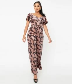 Unique Vintage Mauve Sparkle & Black Floral Velvet Minnelli Jumpsuit