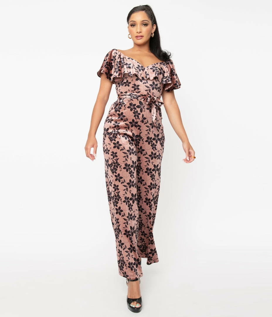 Unique Vintage Mauve Sparkle & Black Floral Velvet Minnelli Jumpsuit