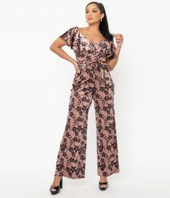 Unique Vintage Mauve Sparkle & Black Floral Velvet Minnelli Jumpsuit