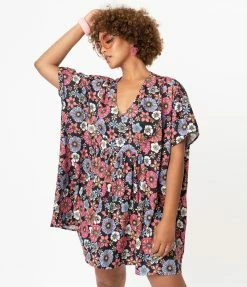 Smak Parlour Black & Purple Retro Floral Roper Caftan