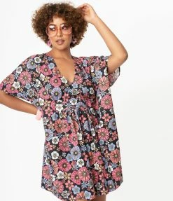 Smak Parlour Black & Purple Retro Floral Roper Caftan