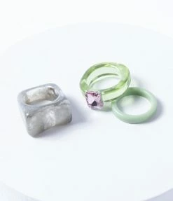 FAME Accessories Grey & Green Resin Rhinestone Three Ring Set