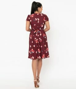 SHEEN Clothing Ltd Burgundy & Pink Floral Tilly Swing Dress