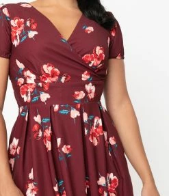 SHEEN Clothing Ltd Burgundy & Pink Floral Tilly Swing Dress