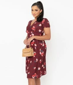 SHEEN Clothing Ltd Burgundy & Pink Floral Tilly Swing Dress