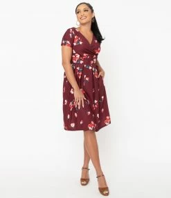 SHEEN Clothing Ltd Burgundy & Pink Floral Tilly Swing Dress