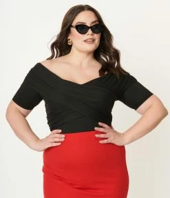 Unique Vintage Plus Size Black Off Shoulder Daydreamer Bodysuit