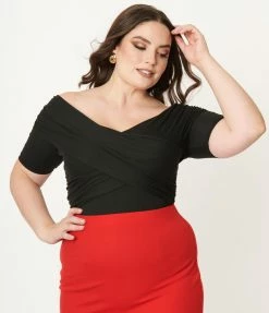 Unique Vintage Plus Size Black Off Shoulder Daydreamer Bodysuit