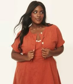 Unique Vintage Plus Size Rust Varsity Crop Cardigan Sale