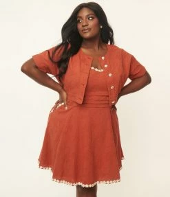 Unique Vintage Plus Size Rust Varsity Crop Cardigan Sale
