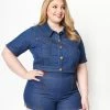 Sale Unique Vintage Plus Size Blue Denim Caliente Bolero Jacket