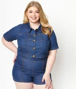 Sale Unique Vintage Plus Size Blue Denim Caliente Bolero Jacket