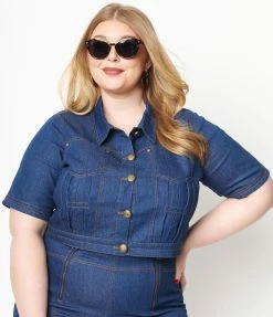 Sale Unique Vintage Plus Size Blue Denim Caliente Bolero Jacket