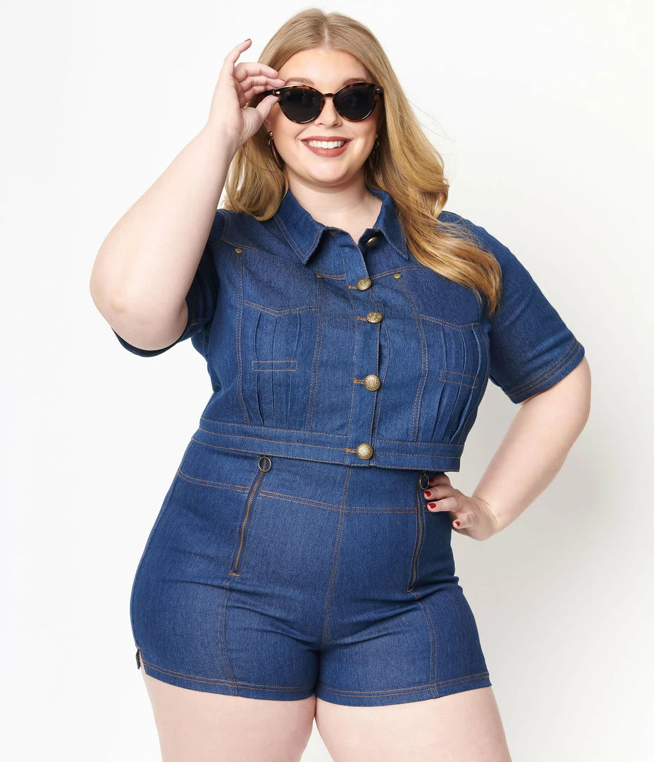 Sale Unique Vintage Plus Size Blue Denim Caliente Bolero Jacket