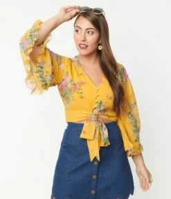 Smak Parlour Mustard & Vintage Bouquet Print Belva Crop Blouse
