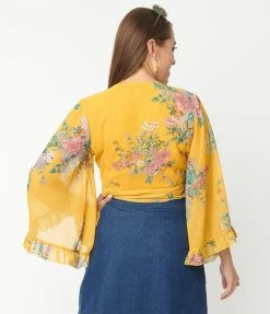 Smak Parlour Mustard & Vintage Bouquet Print Belva Crop Blouse