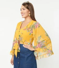 Smak Parlour Mustard & Vintage Bouquet Print Belva Crop Blouse